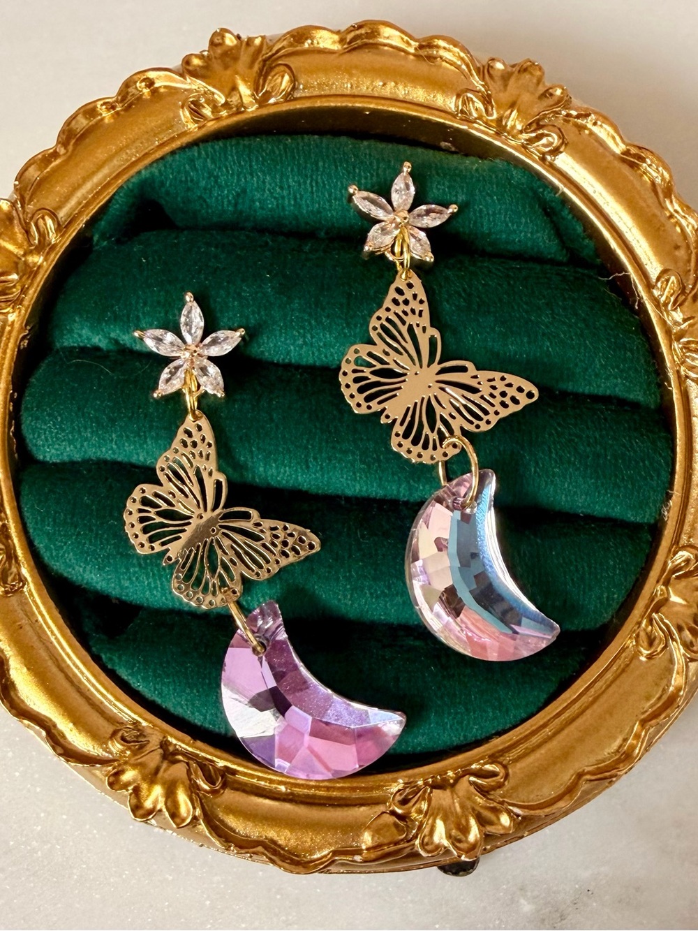 Handmade Gold Butterfly Dangle Earrings with Iridescent Pink Moon